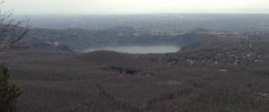 A view of lake Nemi and in the distance the Mediterranean sea.