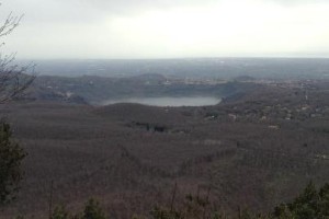 A view of lake Nemi and in the distance the Mediterranean sea.